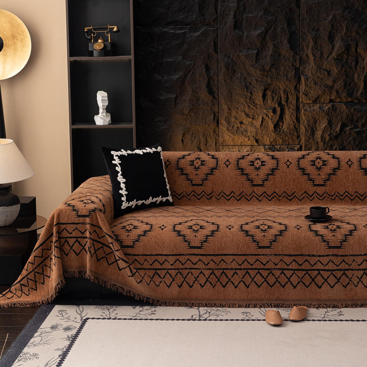 VClife Bohemian sofa cover with pumpkin pattern enhances style and warmth for living rooms.