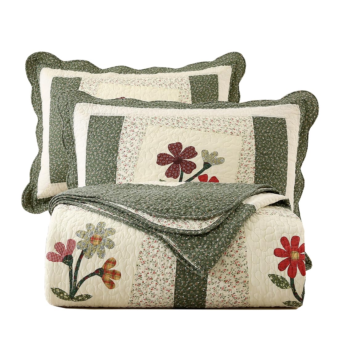 vctops Farmhouse Green Quilt Coverlet with floral design for cozy, lightweight warmth.