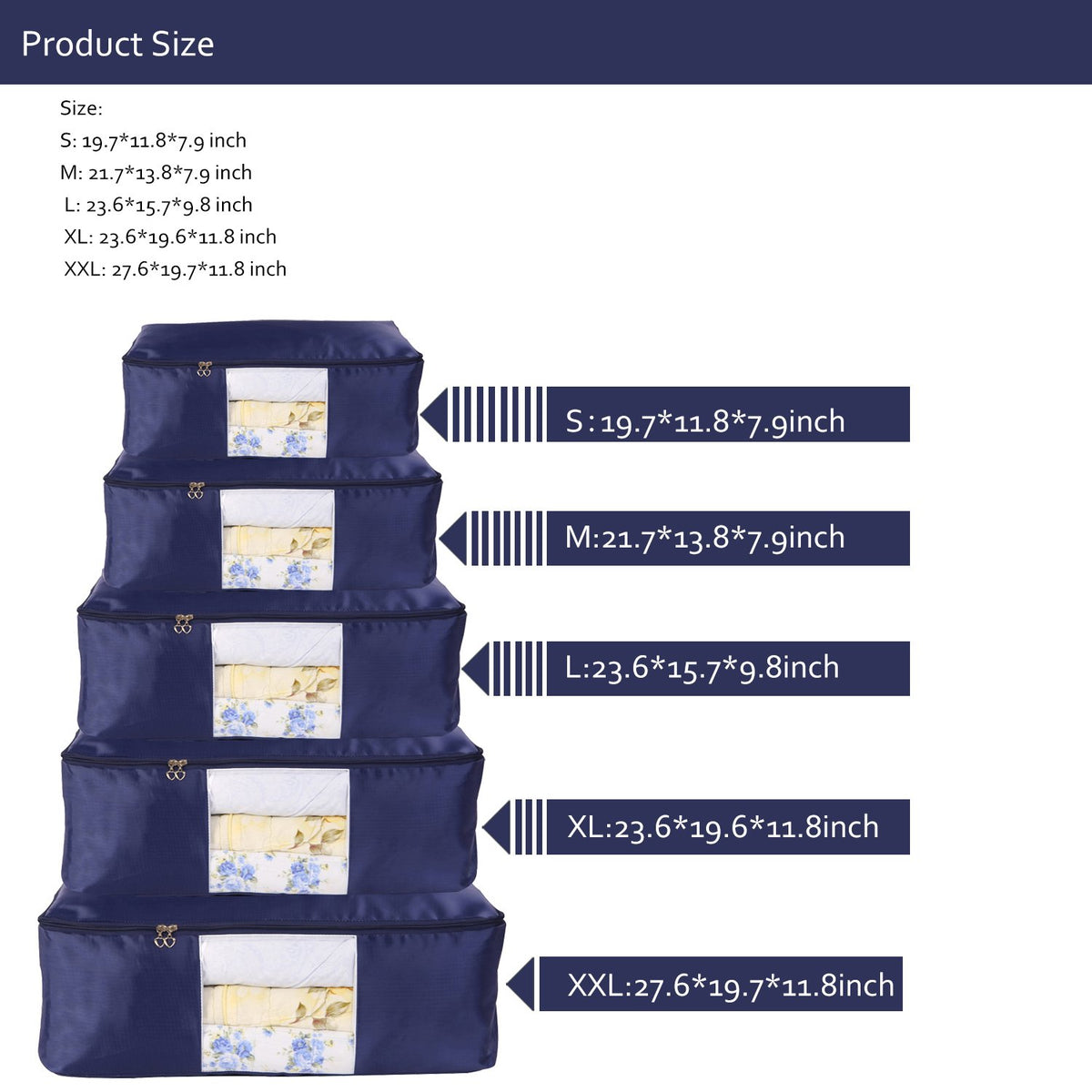 XXL size fits blankets and pillows neatly in navy hue