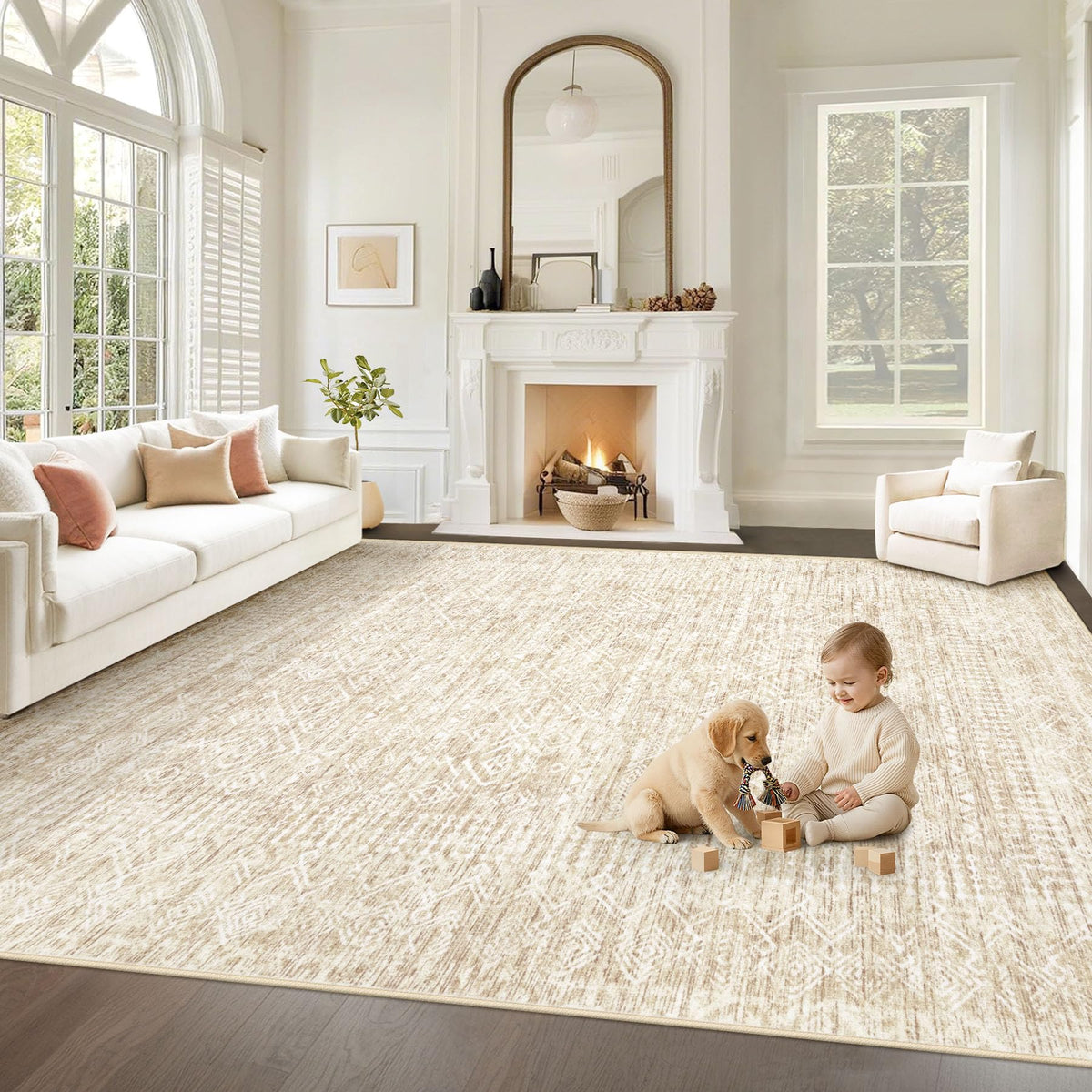 Vecarf 8x10 Moroccan geometric beige rug for cozy living spaces