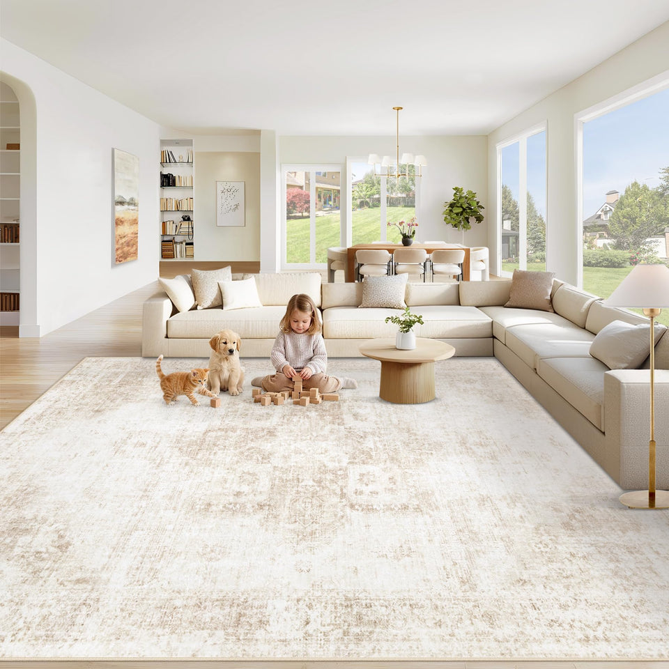 Vecarf area rug 8x10 in soft beige for cozy living rooms.