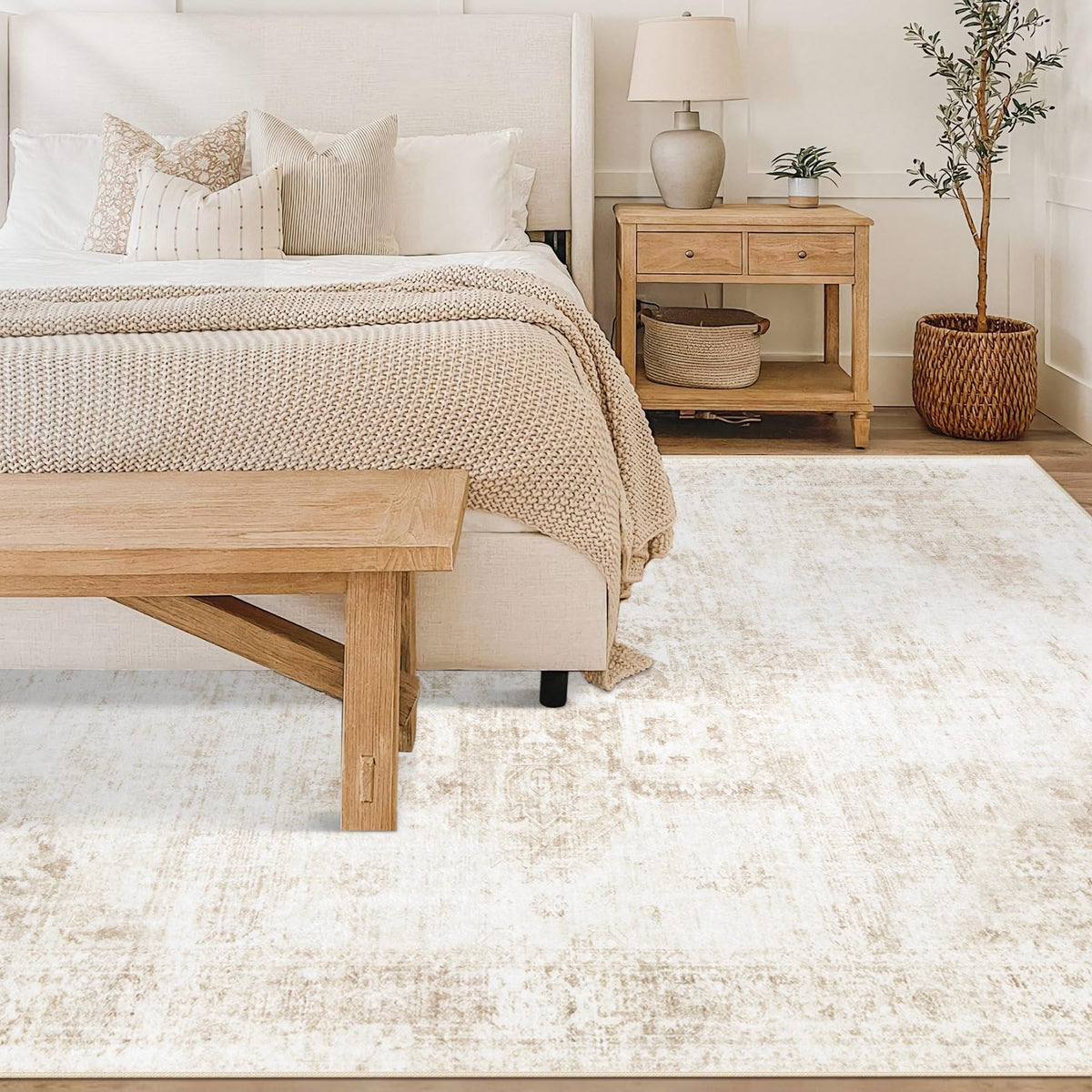 VECARF vintage-boho-medallion rug enhances retro style with easy maintenance.