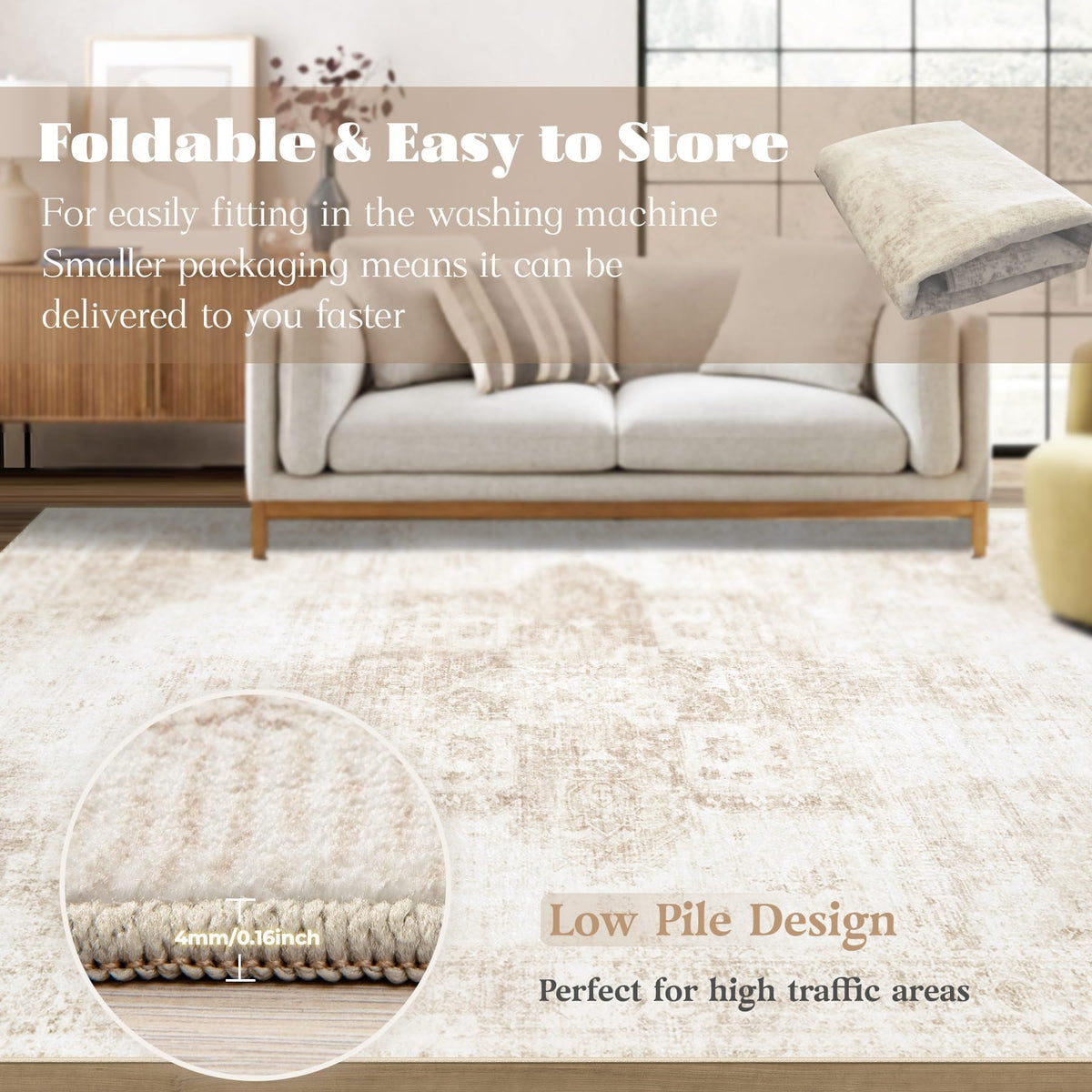 Vecarf foldable rug for easy storage during redecorating or moving.
