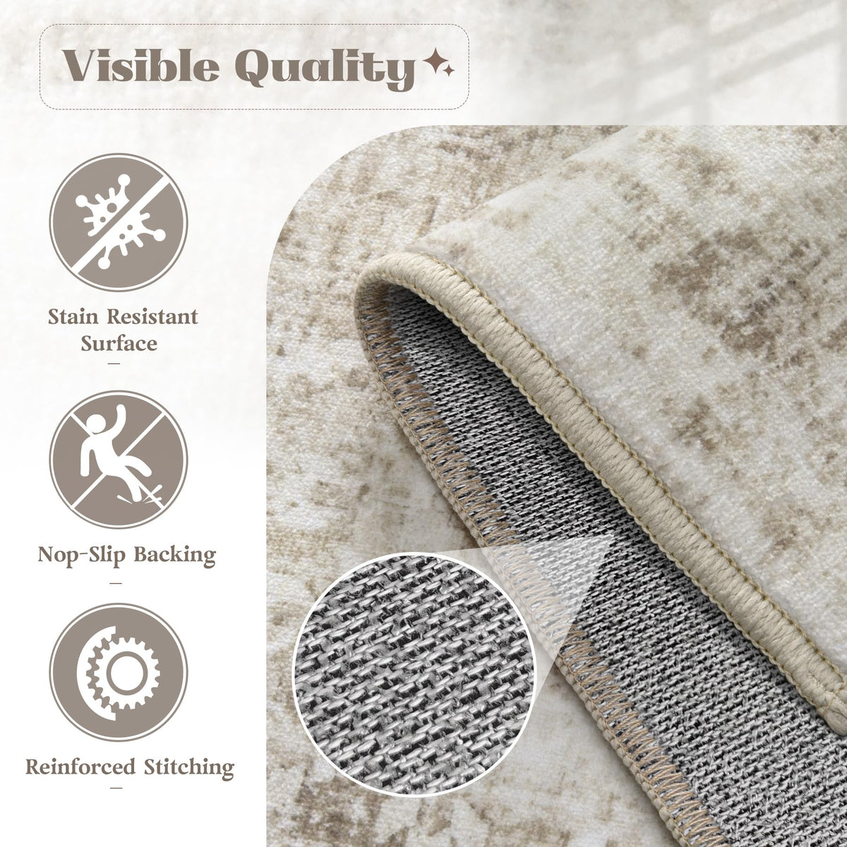 VECARF stain-resistant distressed rug helps wipe spills easily.