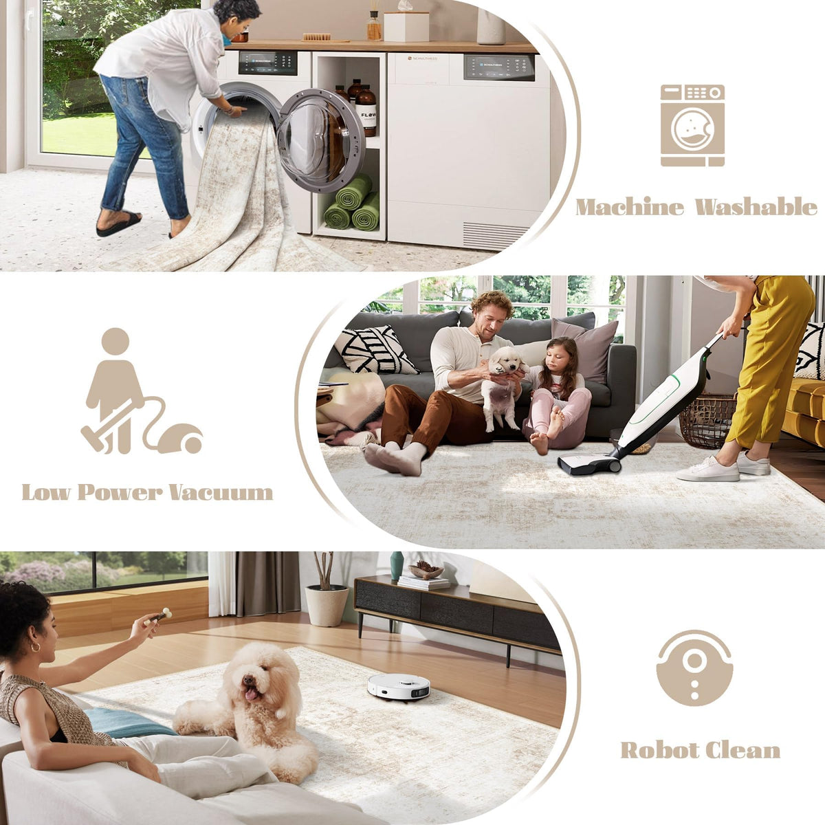 VECARF stain-resistant distressed rug helps with quick wipe-clean spills.