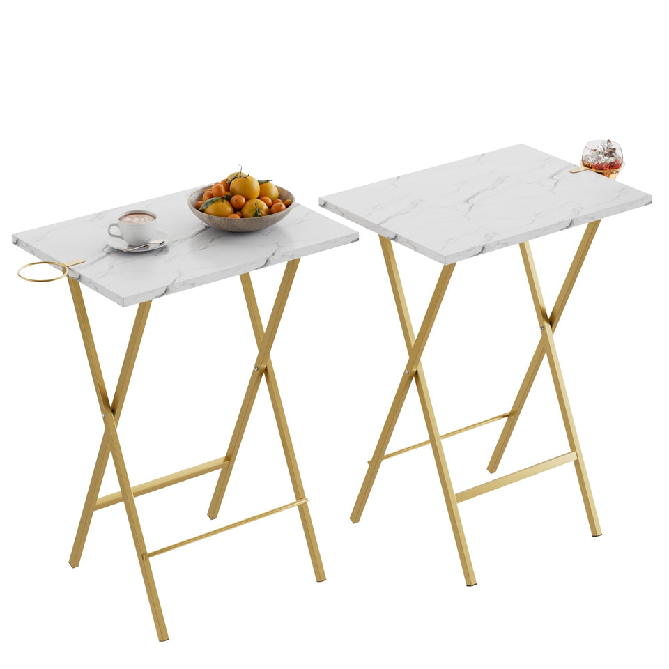 Vecelo folding TV tray in gold with cup holder on sofa for snacks and laptop use.