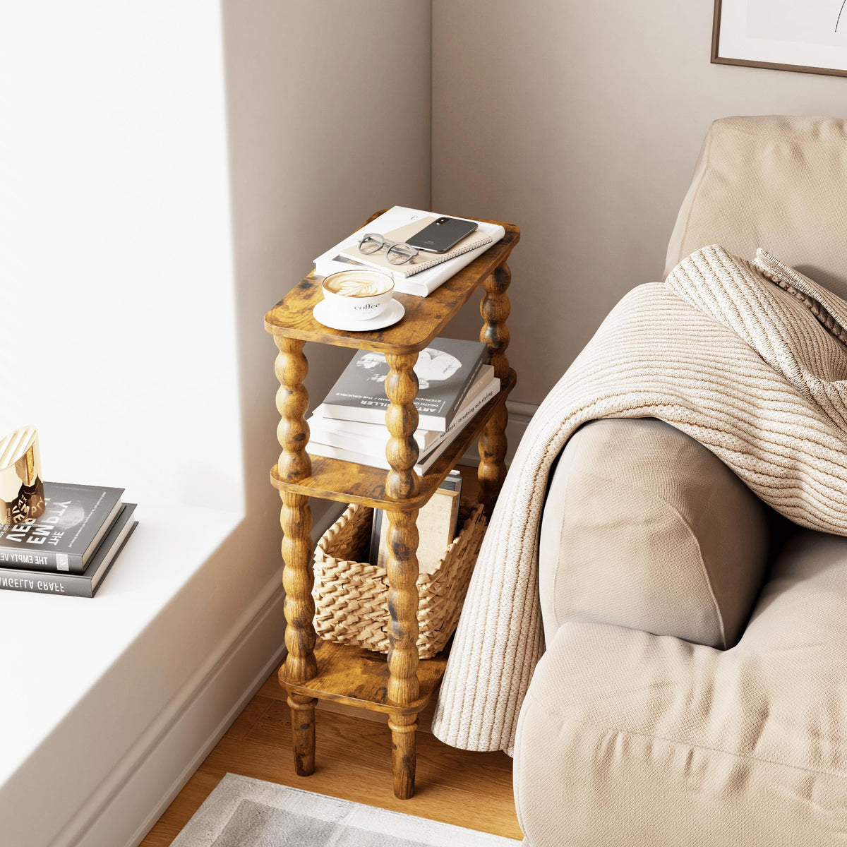 Veegle end table with spherical legs adds vintage charm and stability.