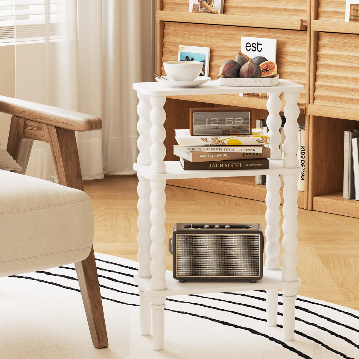 Veegle bottom shelf keeps remotes and magazines organized.