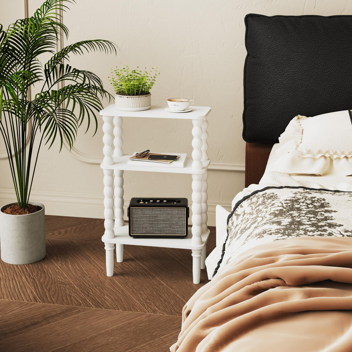 Veegle white side table adds a cozy accent to small spaces.