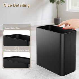 Veelesa matte black trash bin with rolled rim prevents bag tears.