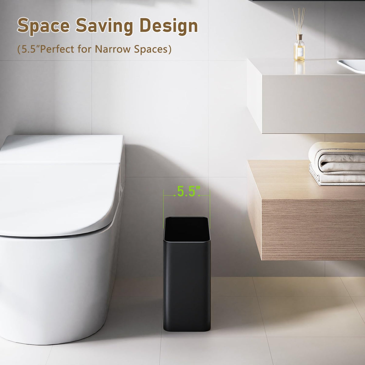 Veelesa small trash can side view shows slim profile ideal for under-sink use.