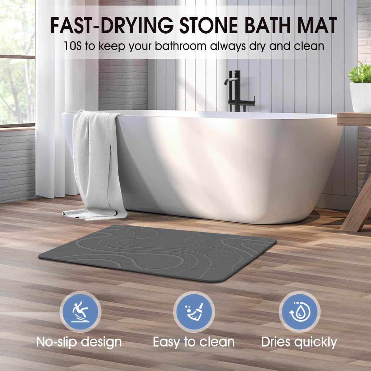 Veeloim Stone Bath Mat showing quick-drying action after shower