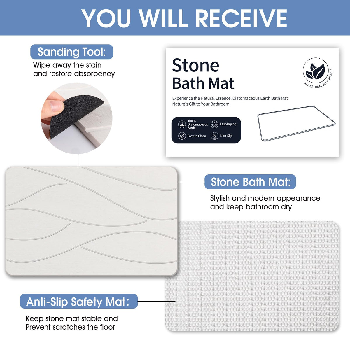 Veeloim Stone Bath Mat in white complements modern bathroom decor