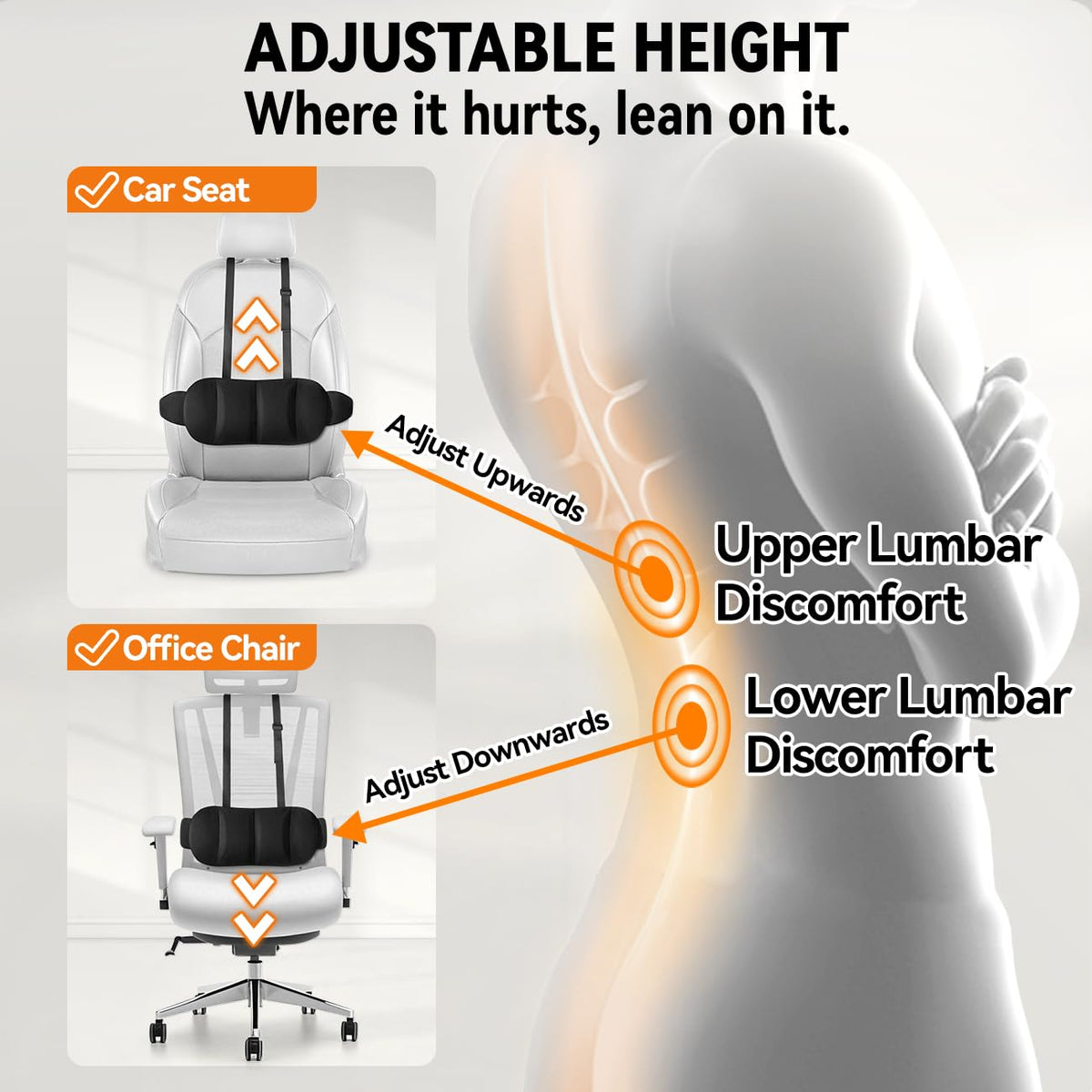 Veitail lumbar pillow in car seat secured with adjustable straps for steady support.
