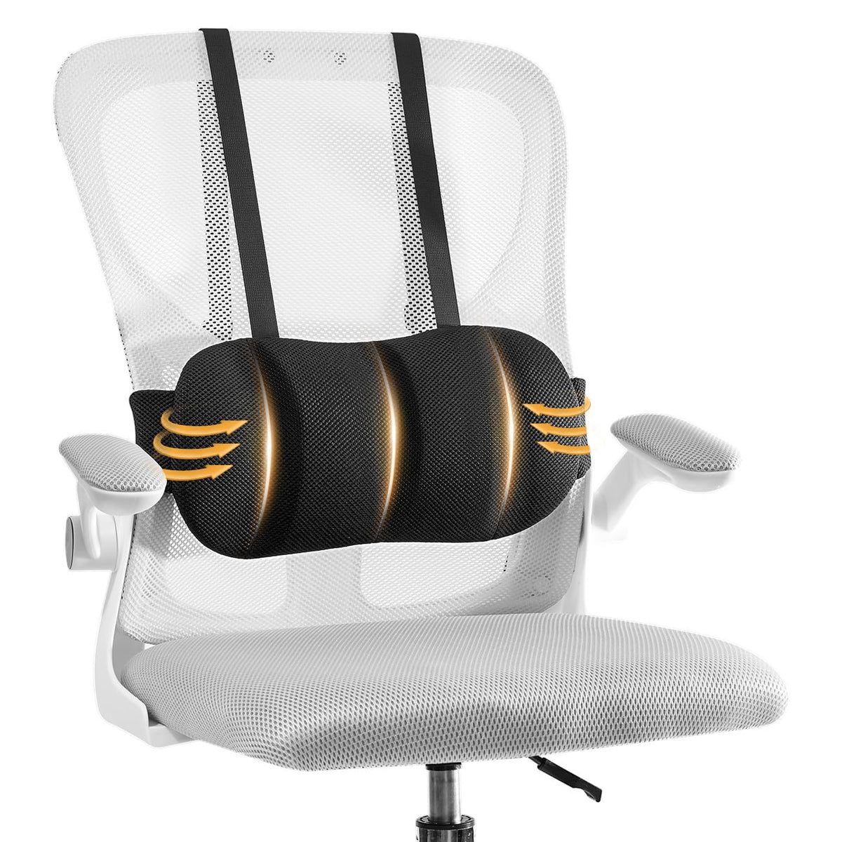 Veitail lumbar pillow on an office chair with adjustable height for comfort.