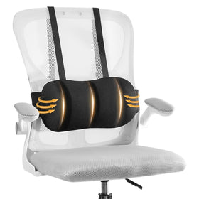 Veitail lumbar pillow on an office chair with adjustable height for comfort.
