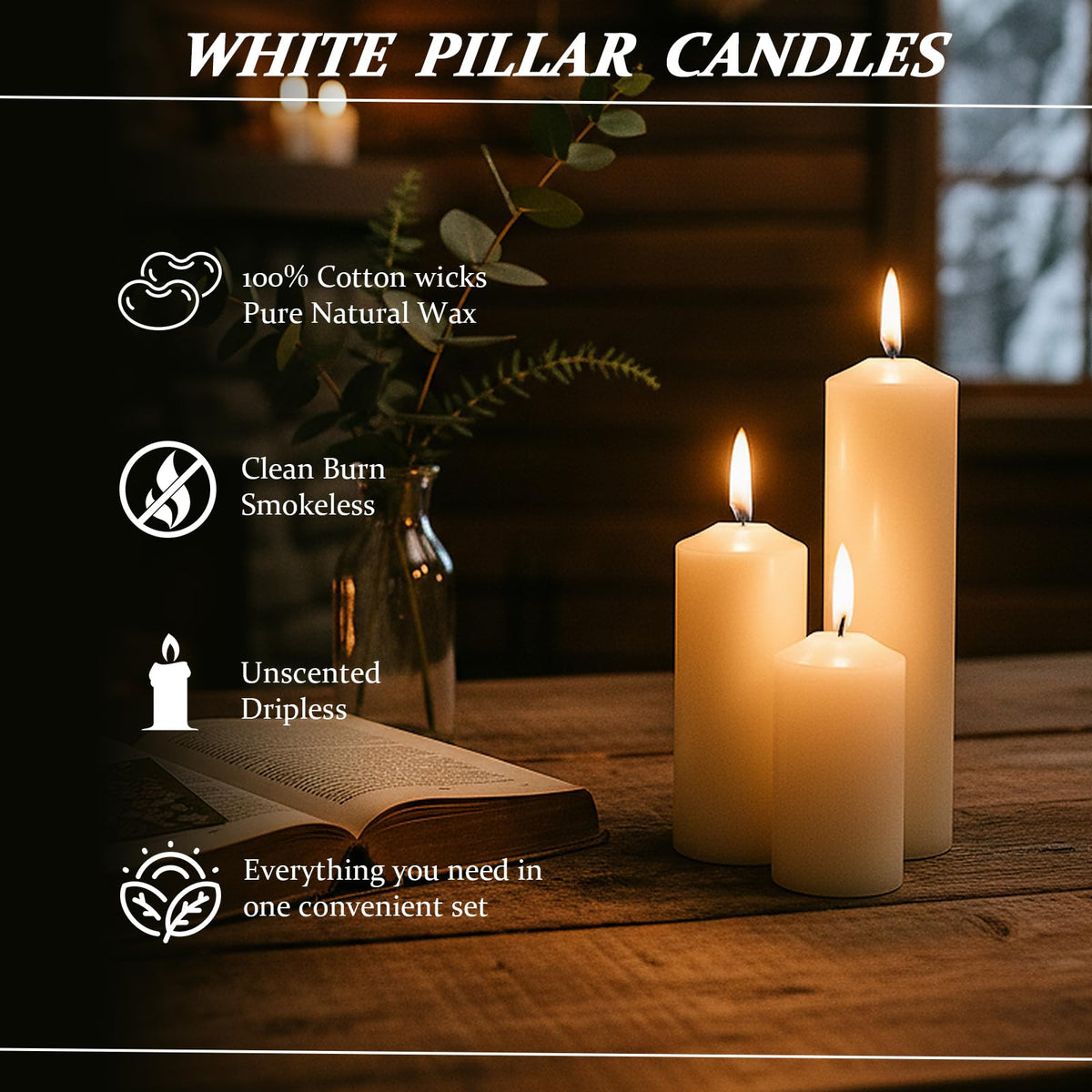 Veiuwa white pillar candles, 2x6 inch, long-lasting glow for events.