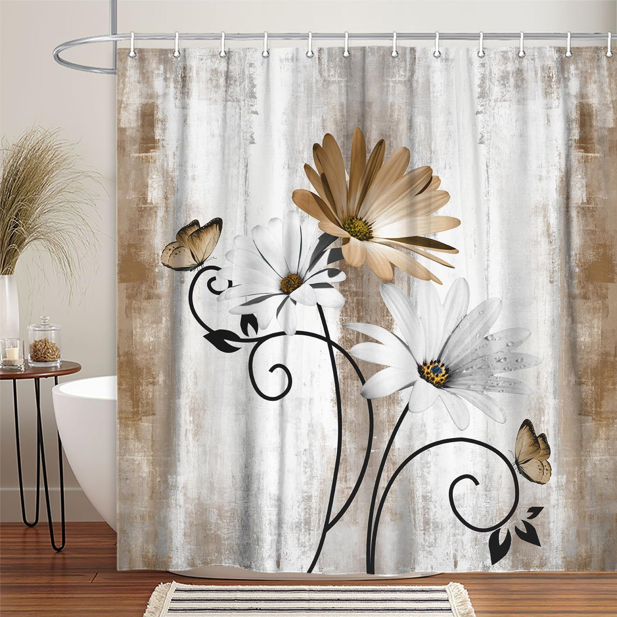 VeiVian beige tan curtain complements neutral bathroom decor.