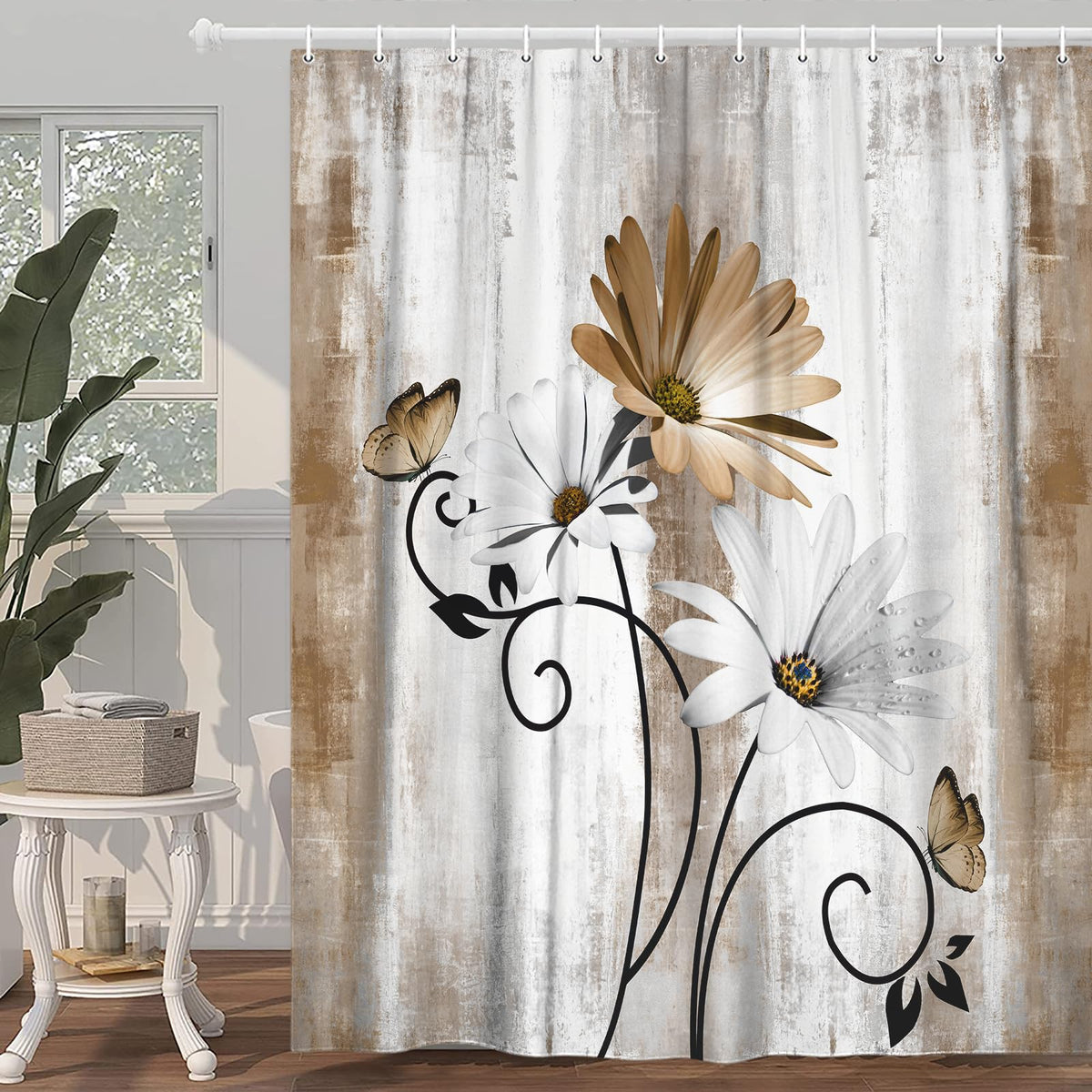 VeiVian shower curtain with butterfly detail creates a calm, welcoming bath space.