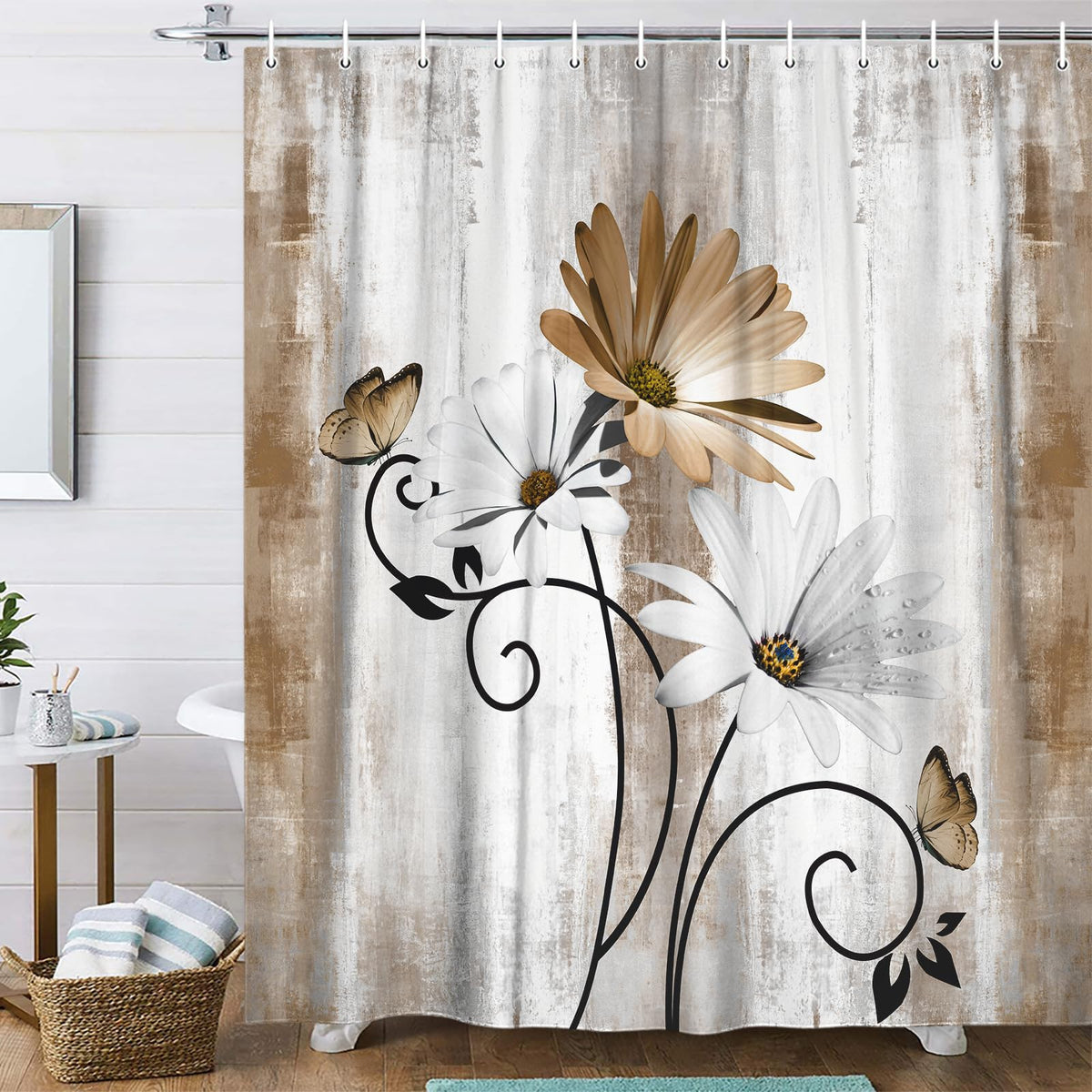 VeiVian rustic farmhouse curtain with daisy floral design brightens the bathroom.