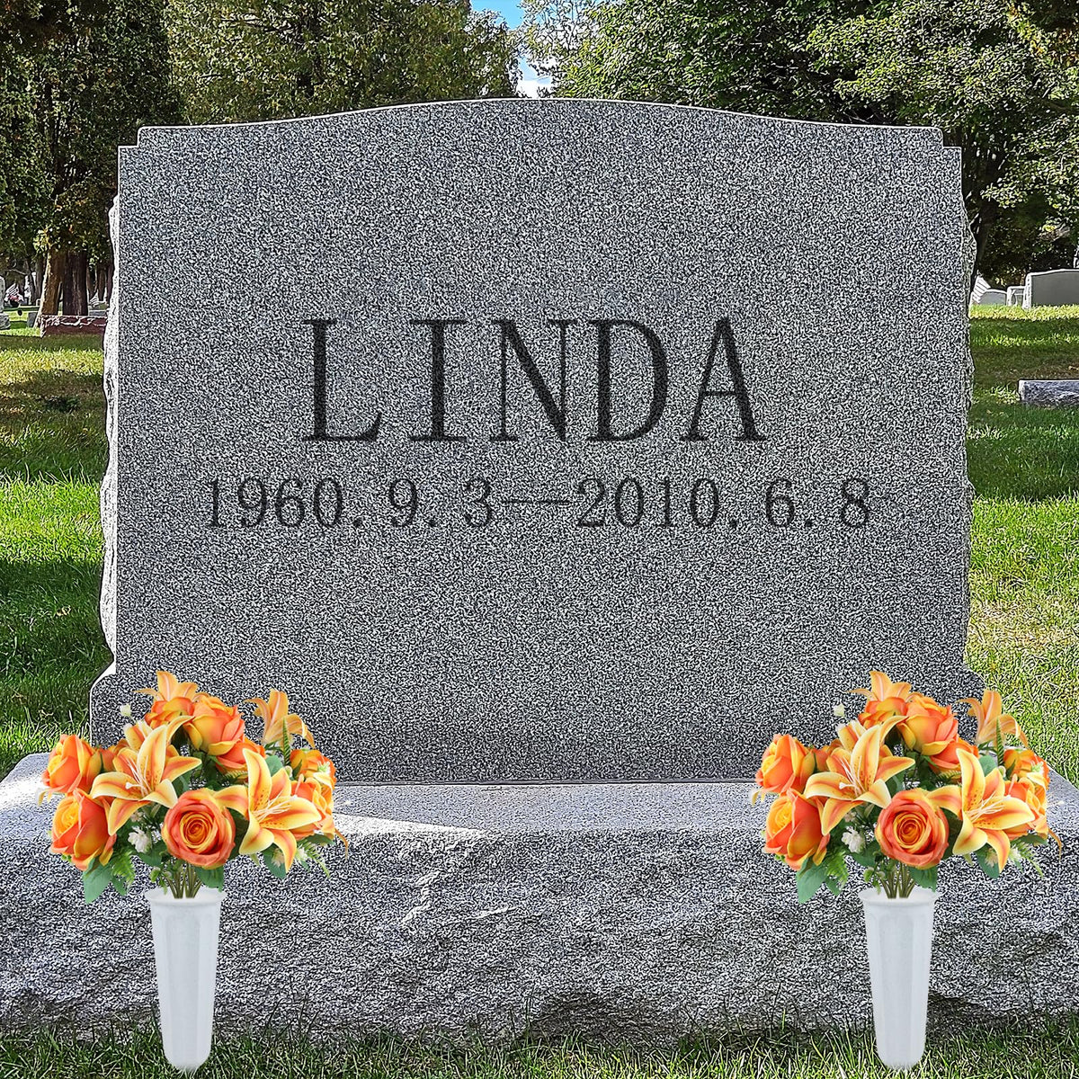 Vejkl elegant two-vase design creates a balanced grave display.