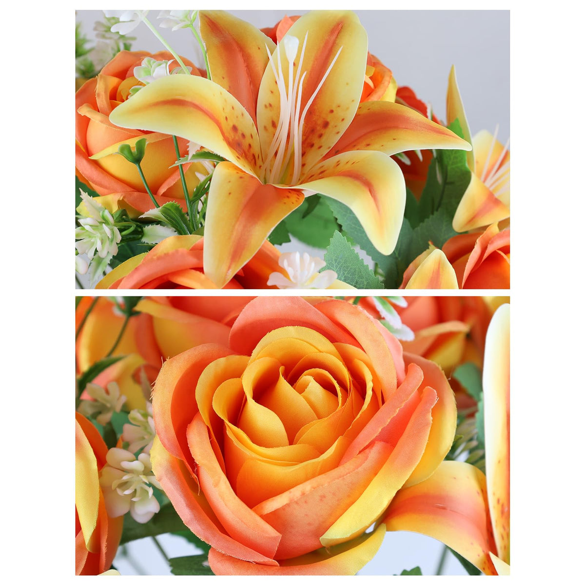 Vejkl silk roses with PU lilies offer durable, vibrant color.