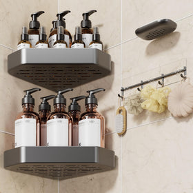 Veken aluminum corner shower caddy maximizes corner storage for a tidy shower.