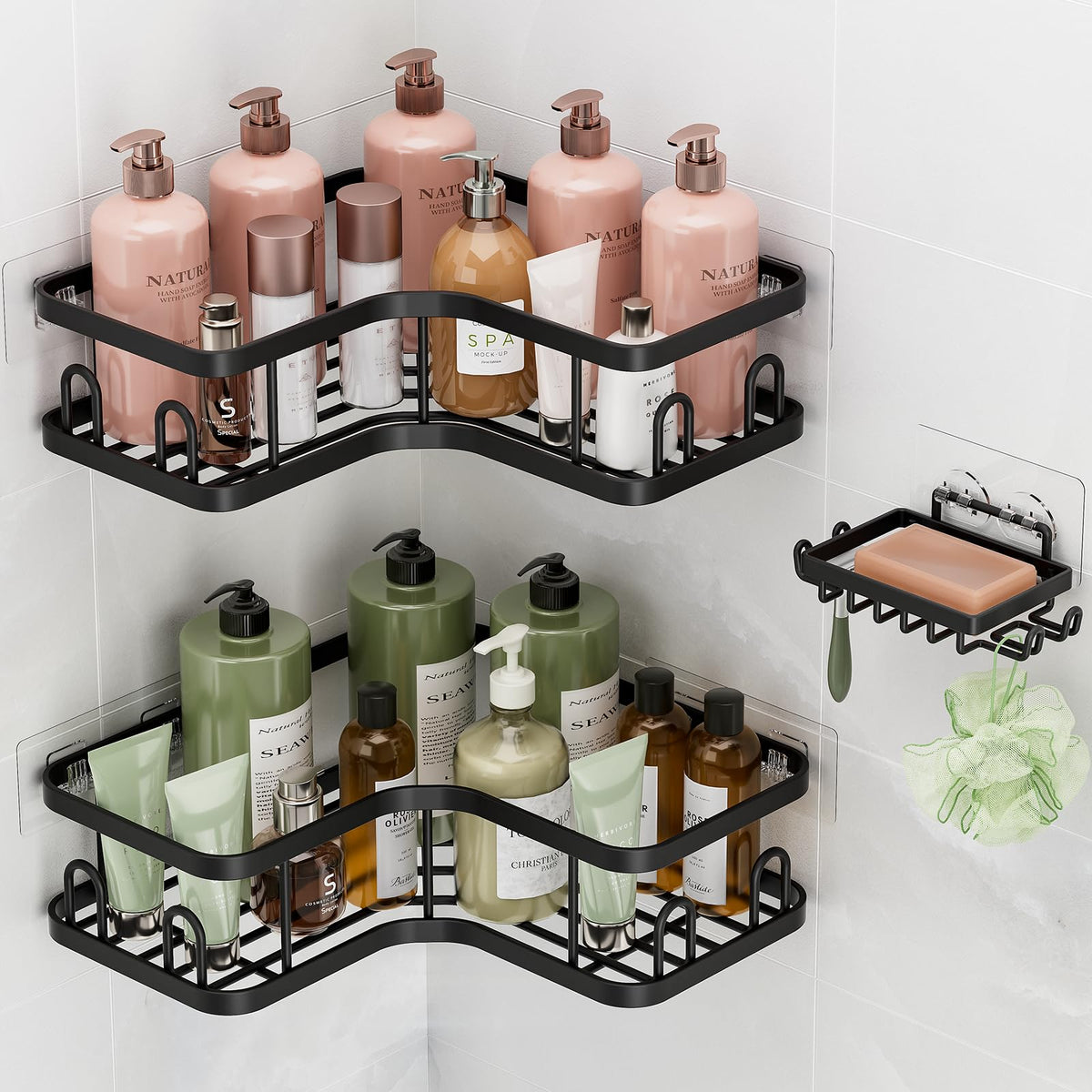 Veken corner adhesive shower caddy four-pack top view for compact bathrooms.