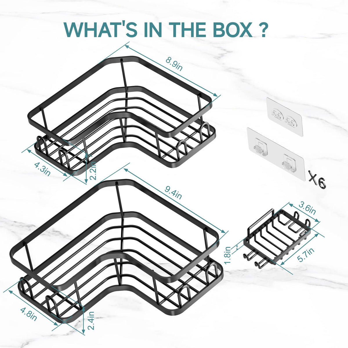 Veken corner adhesive shower caddy packaging and variety options shown.