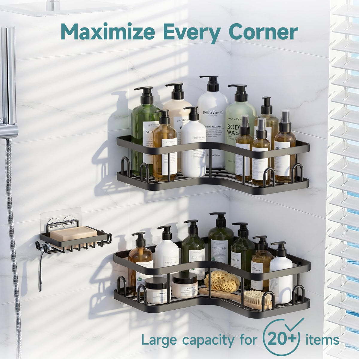 Veken corner adhesive shower caddy rust-resistant coating close-up for humid spaces.