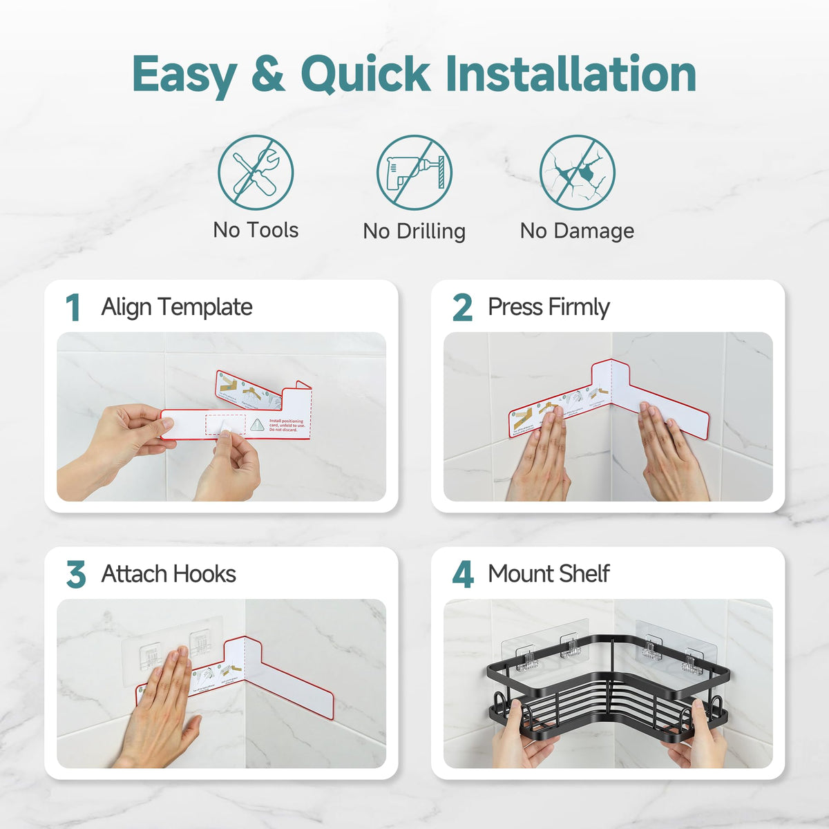 Veken corner adhesive shower caddy small-space bathroom solution for apartments.
