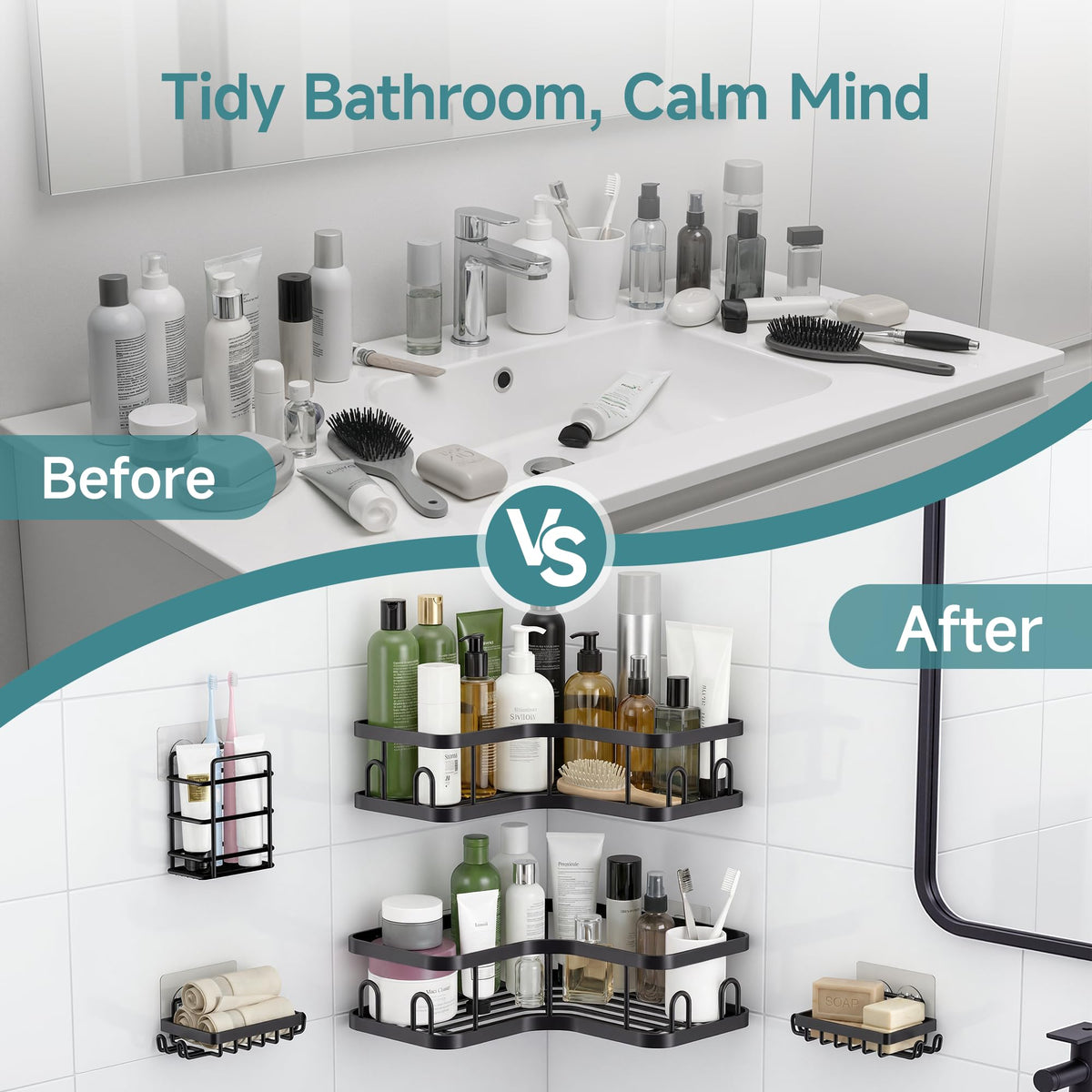 Veken large-capacity bath storage fits shampoo, conditioner, and lotion