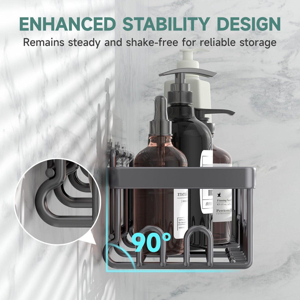 Veken large shower caddy holds bottles and loofahs with easy access.