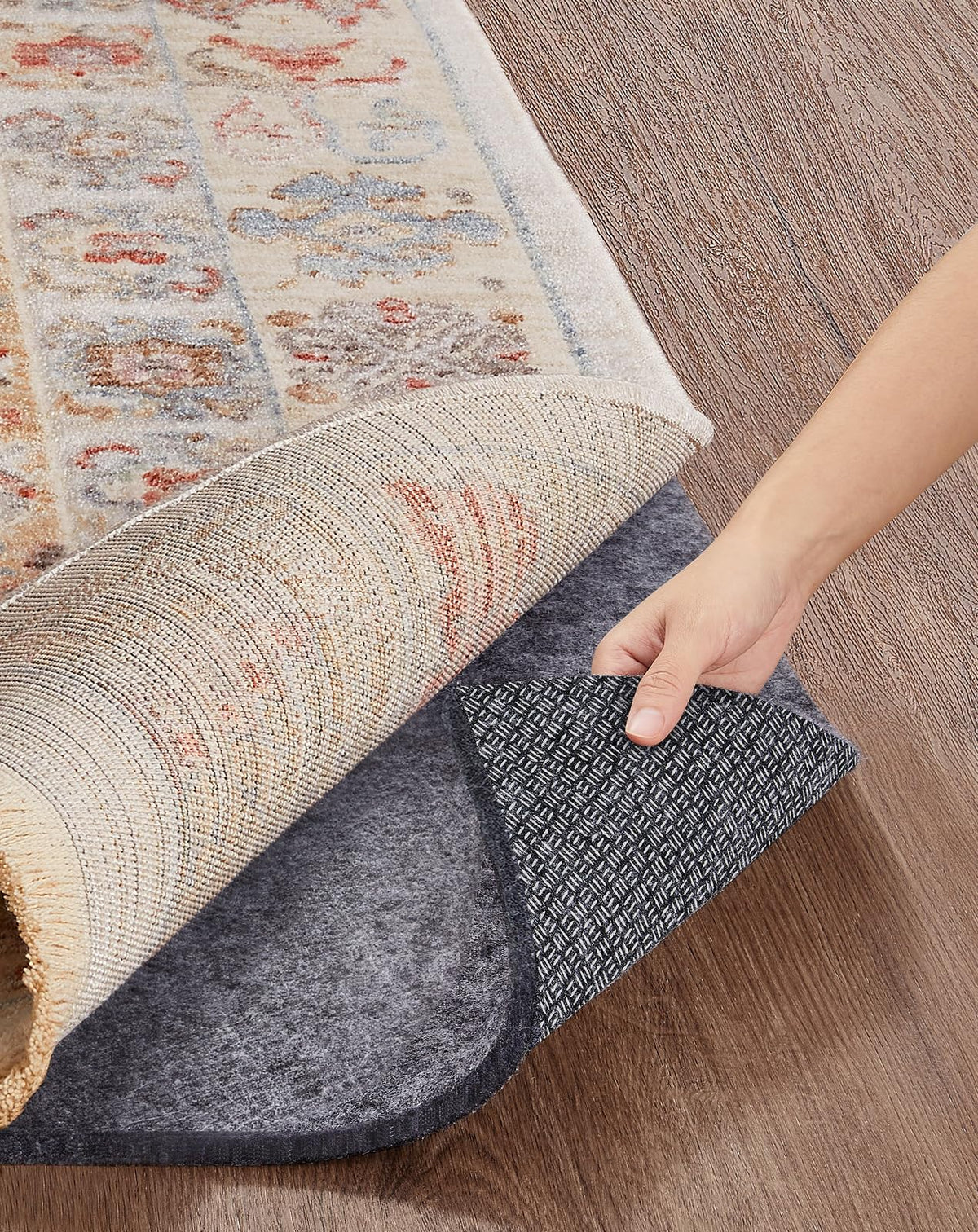 Veken rug pad front view showing anti-slip design on hardwood floors.