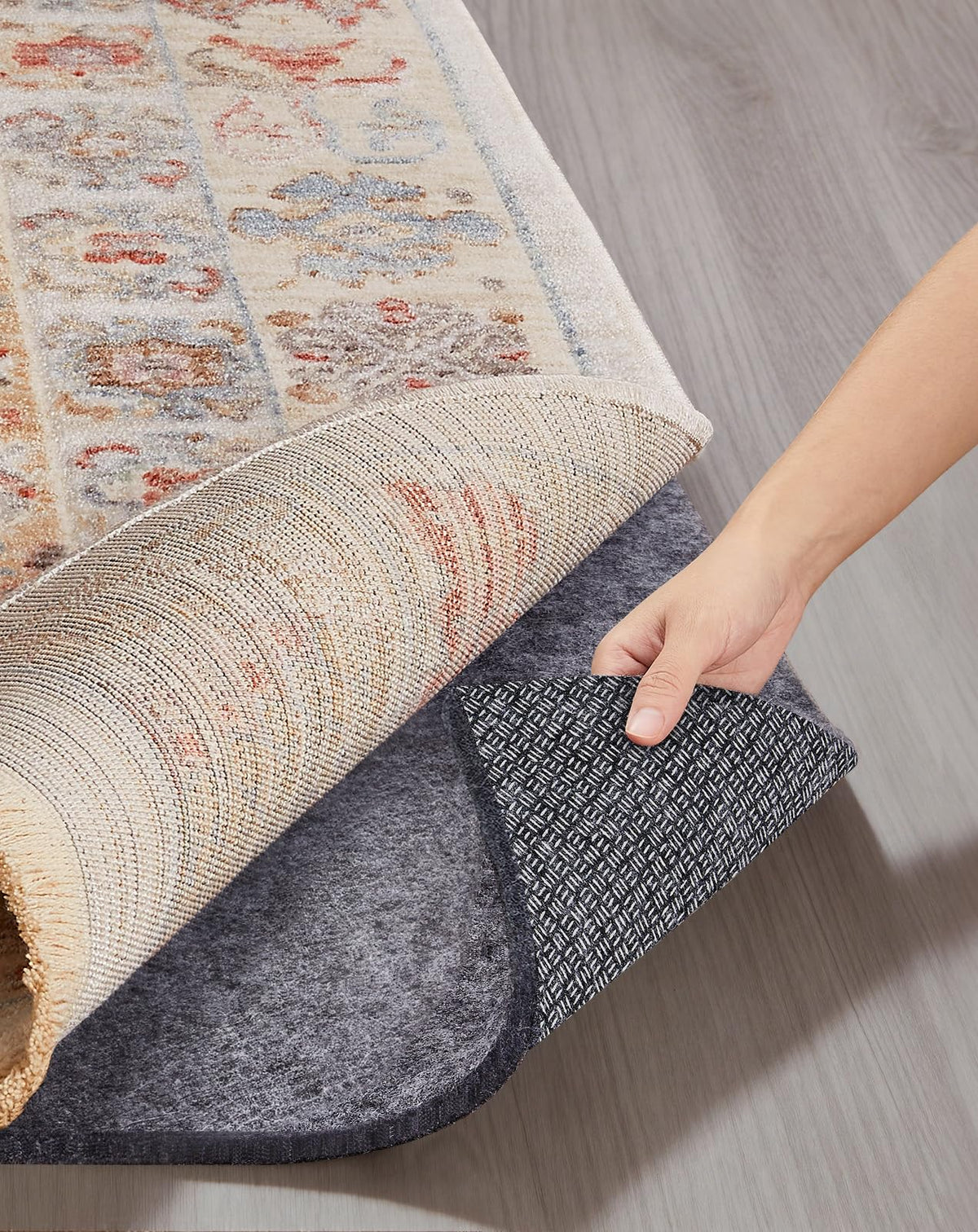 Veken rug pad 8x10 top view shows strong anti-slip grip for secure rug placement.