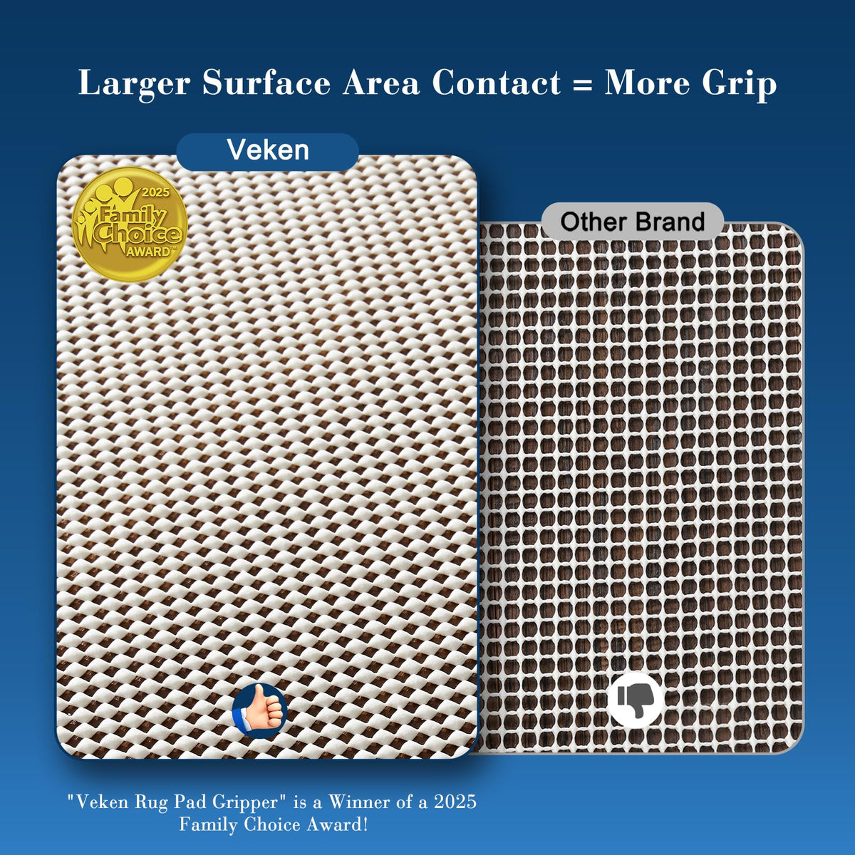 Veken non-slip rug pad under area rug showing application area.