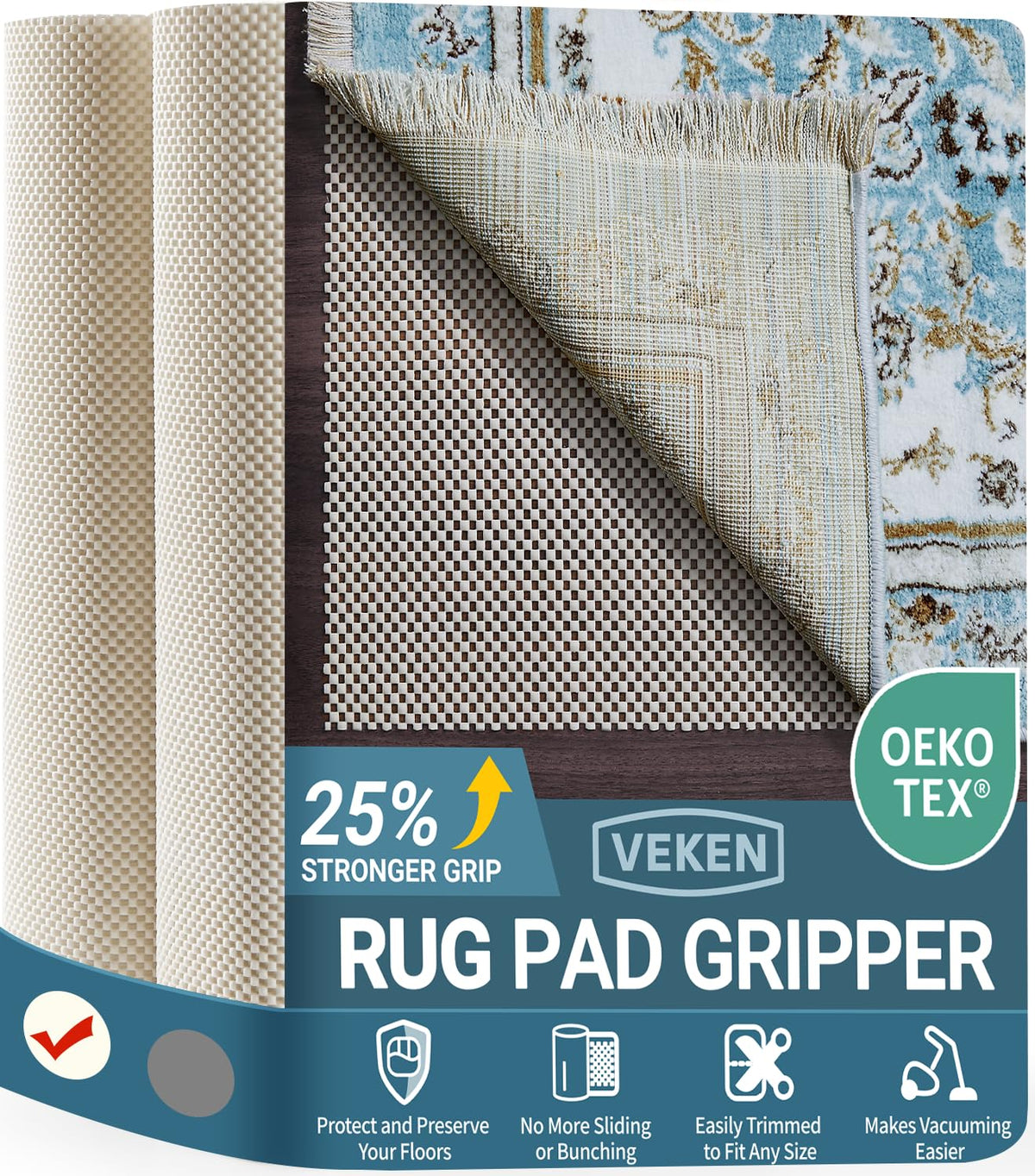 Veken rug pad gripper on hardwood floor secures rug and protects surface