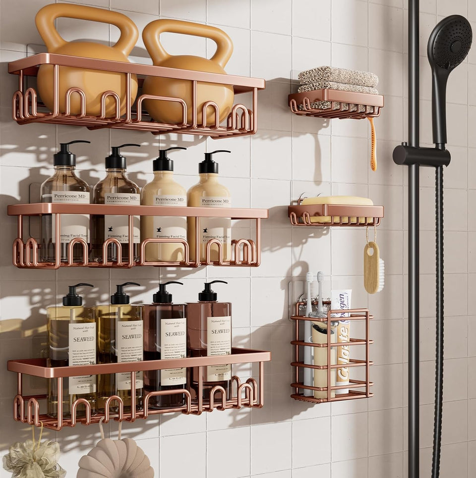 Veken Shower Caddy 6-Pack assembly view demonstrates tool-free installation for quick setup.