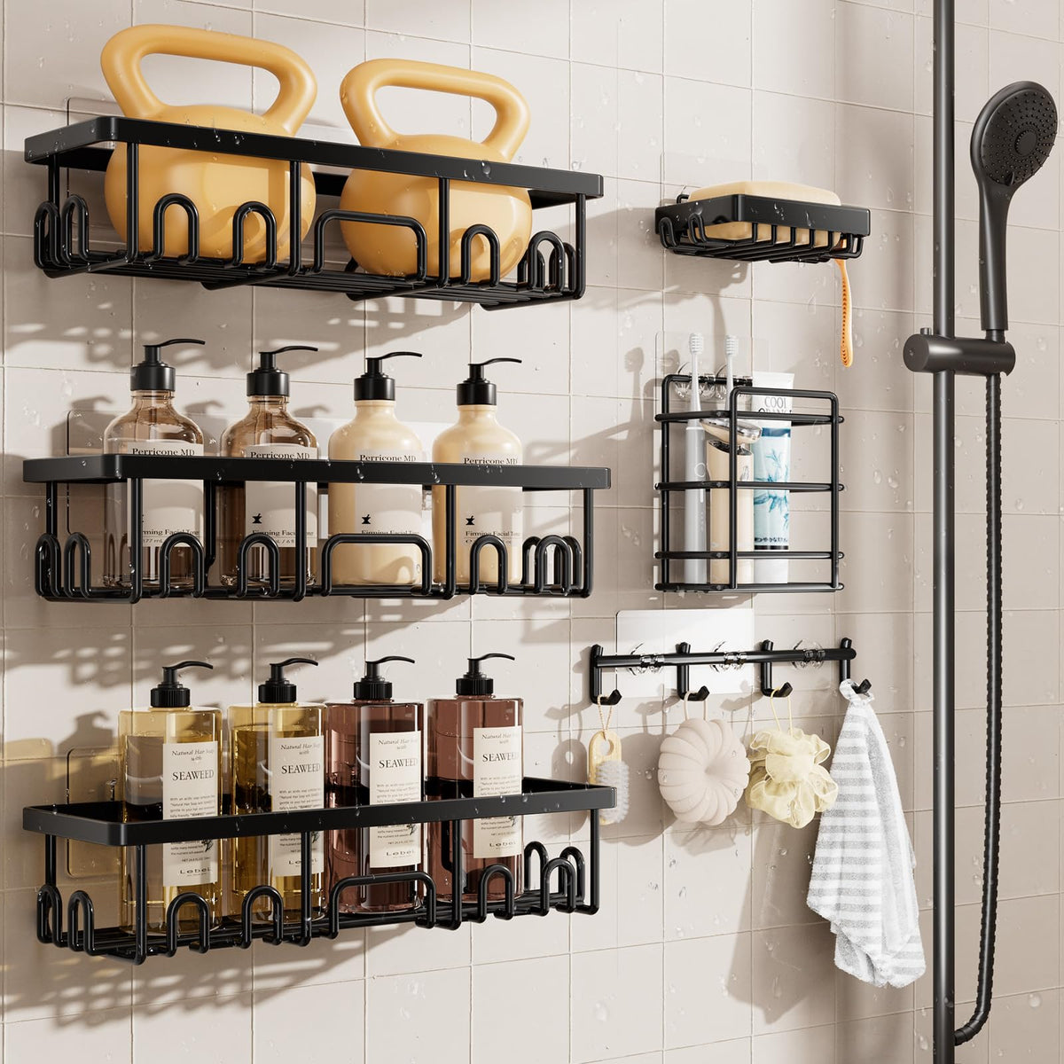 Veken 6-piece shower caddy set organized on the wall for clutter-free storage.