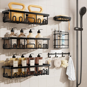 Veken 6-piece shower caddy set organized on the wall for clutter-free storage.