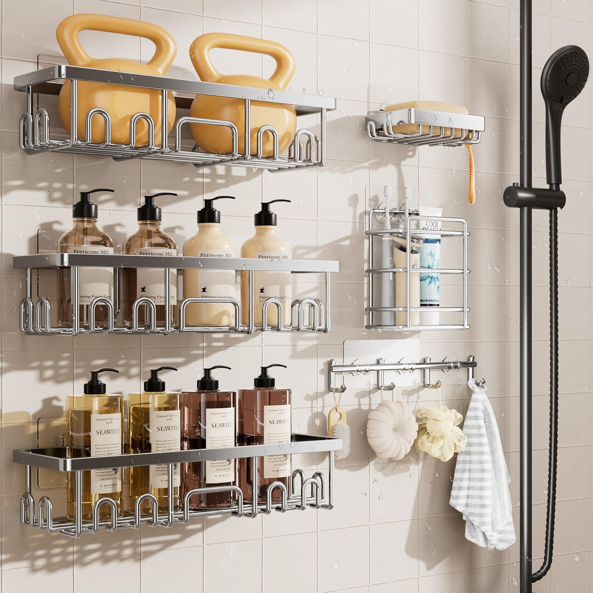 Veken 6-piece shower caddy set keeps shampoos and soaps neatly organized.