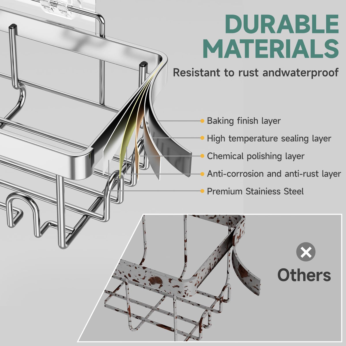 Veken shower caddy 6-pack stainless steel construction ensures durability.