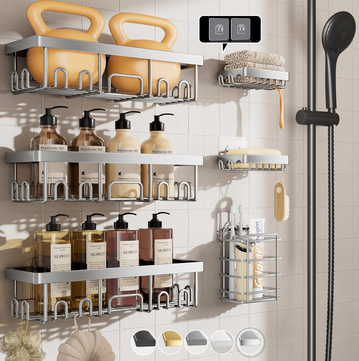 Veken shower caddy 6-pack wall-mounted keeps bathroom essentials organized.