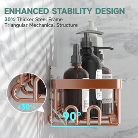 Veken Shower Caddy adhesive installation highlights strong mounting without drilling.