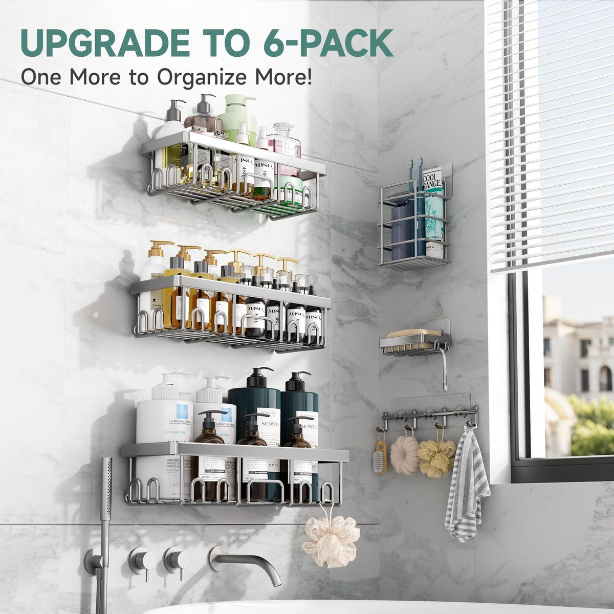 Veken large shower caddy holds bigger bottles securely for family bathrooms.