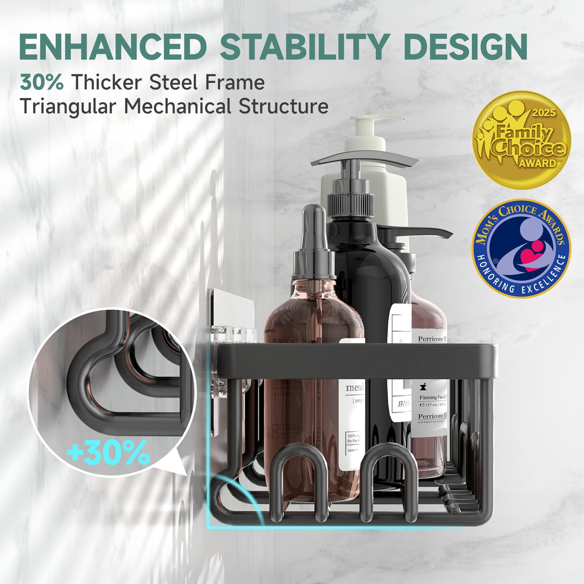 Veken small caddy holding shampoo bottles within easy reach.