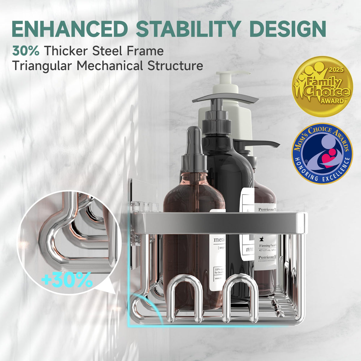 Veken small shower caddy helps maximize corner storage for compact bathrooms.