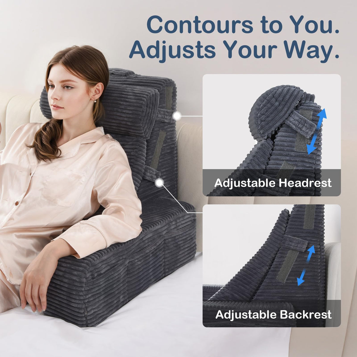 Vekkia headrest and backrest velcro adjustment close-up for personalized comfort