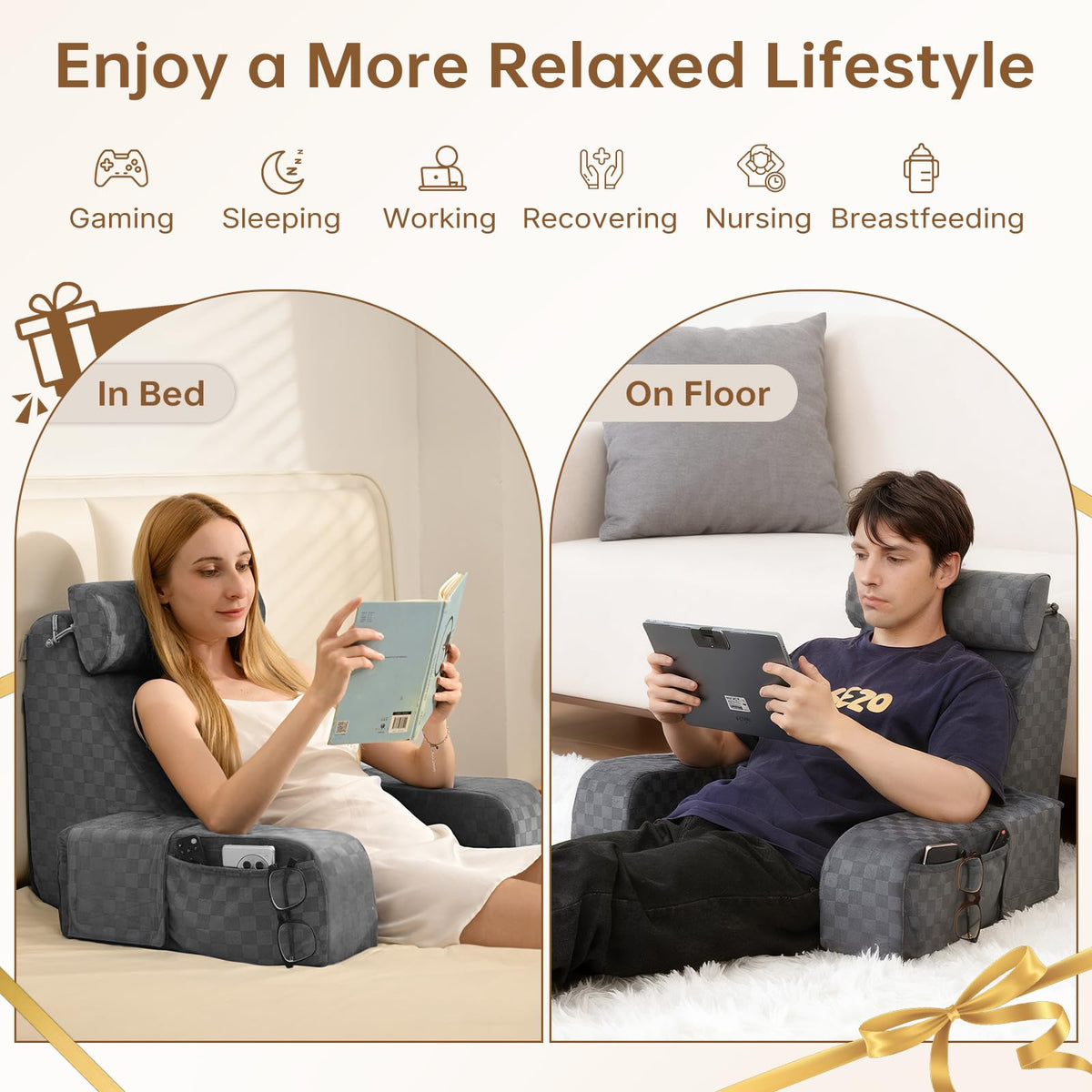 Vekkia Reading Pillow includes wide armrests for easy access to devices and books.