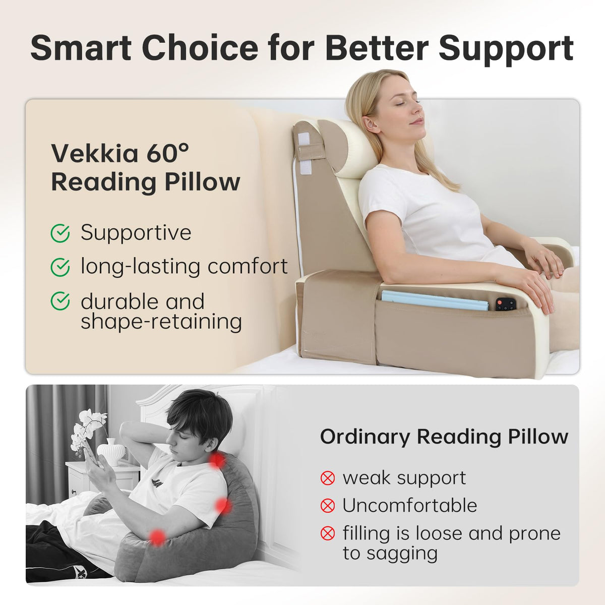 Vekkia reading pillow with adjustable headrest for tailored neck comfort during TV time.